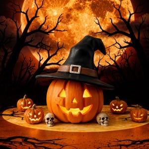 May include: A large orange jack-o'-lantern wearing a black witch hat with a brown band and silver buckle, surrounded by four smaller glowing jack-o'-lanterns and two small white skulls, all set against a backdrop of a large full moon and trees.