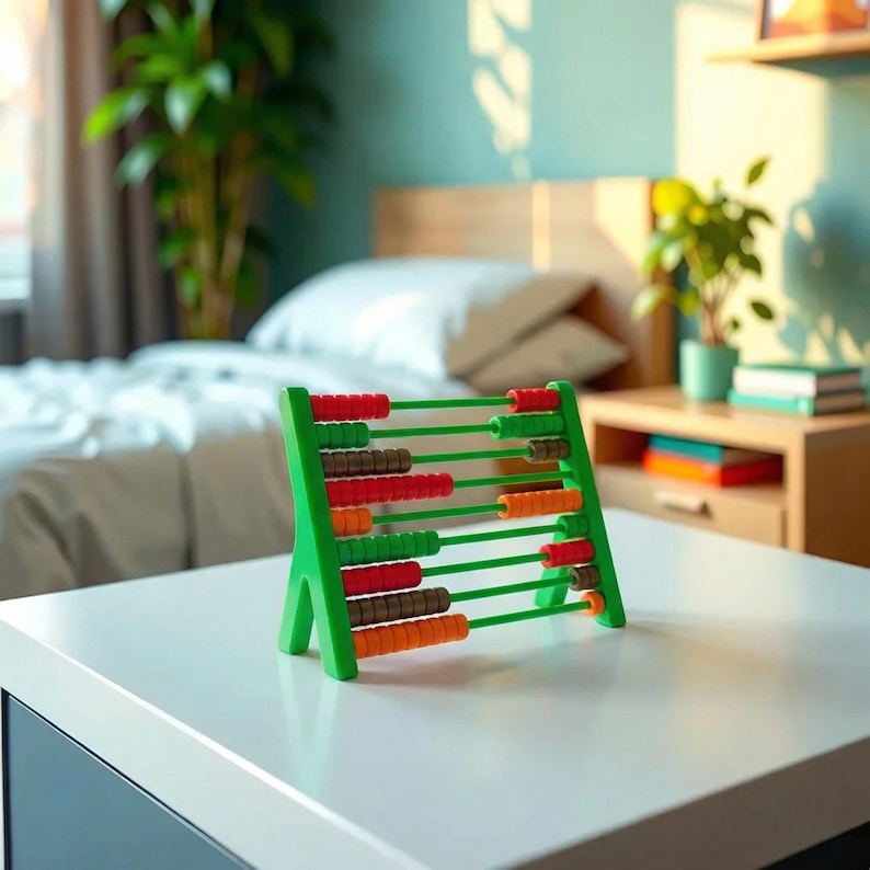 May include: A green abacus with colorful beads in red, orange, and brown sits on a white surface. The abacus is a classic educational toy, often used to teach basic math skills. The background includes a bedroom setting.