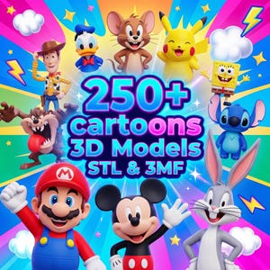 May include: A digital graphic featuring 3D cartoon characters including Mario, Mickey Mouse, Bugs Bunny, Woody, Donald Duck, Jerry, Pikachu, SpongeBob, Stitch, and Taz. The text reads 250+ Cartoons 3D Models STL & 3MF against a colourful background.