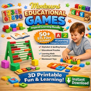 Paquete de juegos educativos Montessori | Más de 50 archivos STL para impresión 3D | Juguetes educativos para niños | Paquete de aprendizaje de alfabeto y matemáticas