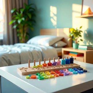 May include: A wooden number sorting toy with colorful rings and numbered blocks. The toy features a wooden base with vertical pegs and a set of numbered blocks in various colors. The rings are stacked on the pegs, and the blocks are arranged below.