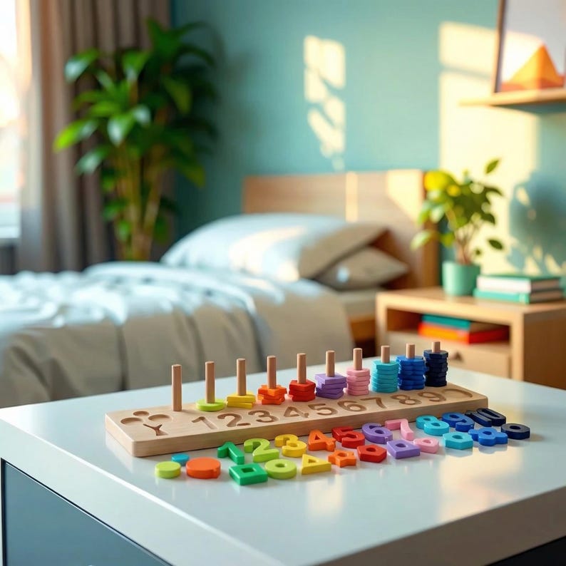 May include: A wooden number sorting toy with colorful rings and numbered blocks. The toy features a wooden base with vertical pegs and a set of numbered blocks in various colors. The rings are stacked on the pegs, and the blocks are arranged below.
