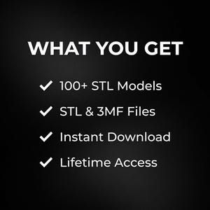 May include: A black digital graphic with white text that reads WHAT YOU GET followed by a list of features: 100+ STL Models, STL & 3MF Files, Instant Download, and Lifetime Access, each preceded by a white checkmark icon.