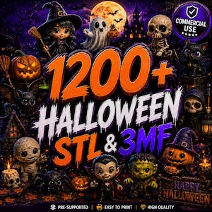 May include: A digital collection of 1200+ Halloween STL and 3MF files featuring 3D character illustrations of a witch, ghost, skeleton, cat, mummy, vampire, Frankenstein monster, and pumpkins against a dark, spooky castle background.