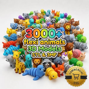 May include: A collection of colourful 3D printed animal figurines including giraffes, lions, foxes, and turtles. The central text reads 3000+ flexi animals 3D Models STL & 3MF. A gold circular badge in the corner displays the text COMMERCIAL USE.