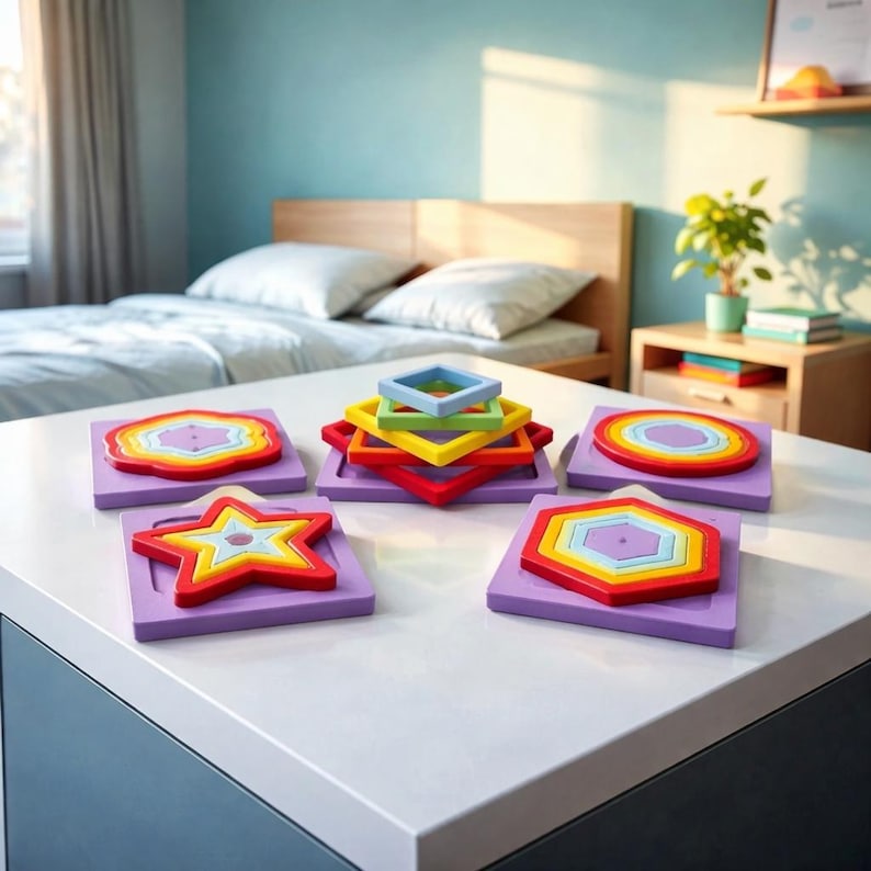 May include: A collection of colorful wooden shape puzzles. Each puzzle features a different shape: a star, a hexagon, a circle, a square, and an abstract shape. The puzzles are in a variety of bright colors, including red, yellow, green, and blue.