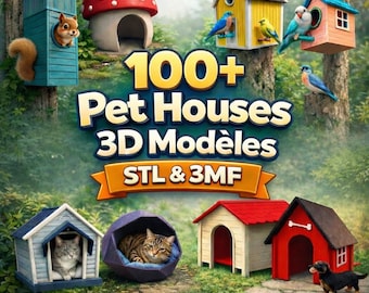 Bundel met meer dan 100 STL-bestanden voor dierenhuisjes | Huisjes voor honden, katten, vogels en eekhoorns | 3D-printmodellen | STL- en 3MF-bestanden | Dierenhuisjes | Direct downloaden