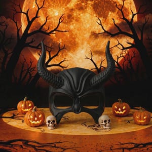 May include: A matte black mask featuring two large, curved, textured horns extending from the top. The mask has wide eye openings and a smooth, contoured surface. It is positioned centrally, flanked by small skulls and glowing jack-o'-lanterns.