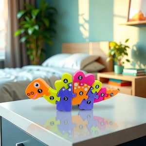 May include: A colorful dinosaur puzzle made of foam. The puzzle pieces are orange, yellow, purple, and pink, with numbers 1 through 10 printed on them. The dinosaur is displayed on a white table.