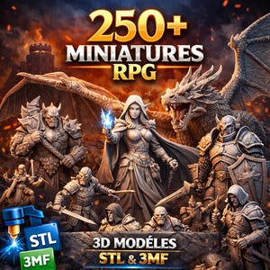 Może przedstawiać: Cyfrowa ilustracja z motywem fantasy RPG. Obraz przedstawia smoka, wojowników i postać kobiecą trzymającą niebieski płomień. Tekst zawiera "250+ MINIATURES RPG" i "STL & 3MF" dla modeli 3D.