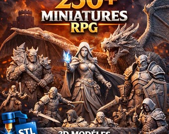 Meer dan 250 RPG-miniatuurmodellen in 3D – STL- en 3MF-bundel | D&D-personages, monsters en fantasy-bordspellenminiaturen om te 3D-printen