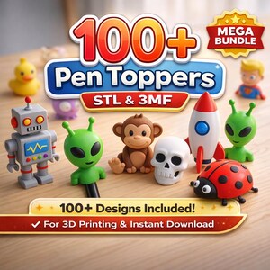 Über 100 Stiftaufsätze (STL & 3MF) | Niedliche 3D-Druck-Stiftaufsätze | Tiere, Cartoon-Motive | Mega-Bundle zum sofortigen Download