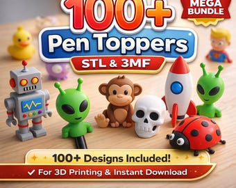 Meer dan 100 pentoppers in STL- en 3MF-formaat | Leuke 3D-geprinte potloodtoppers | Dieren en cartoonontwerpen | Megabundel, direct te downloaden