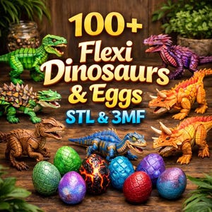 Puede incluir: Una colección de figuras de dinosaurios flexibles y huevos decorativos coloridos. La imagen presenta varios modelos de dinosaurios en verde, marrón, naranja, azul y morado, junto con huevos moteados en múltiples colores. El texto dice "100+ Flexi Dinosaurs & Eggs STL & 3MF."