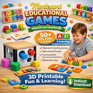 Montessori-Lernspiele-Paket – Über 50 3D-druckbare STL-Dateien | Lernspielzeug für Kinder, Mathematik, Alphabet & Puzzles | Sofort-Download