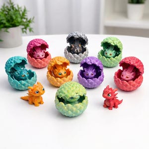 May include: A collection of small, colorful dragon figurines, each emerging from a textured, egg-shaped shell. The dragons are rendered in various vibrant colors including red, orange, yellow, green, blue, purple, and silver, with detailed scales.
