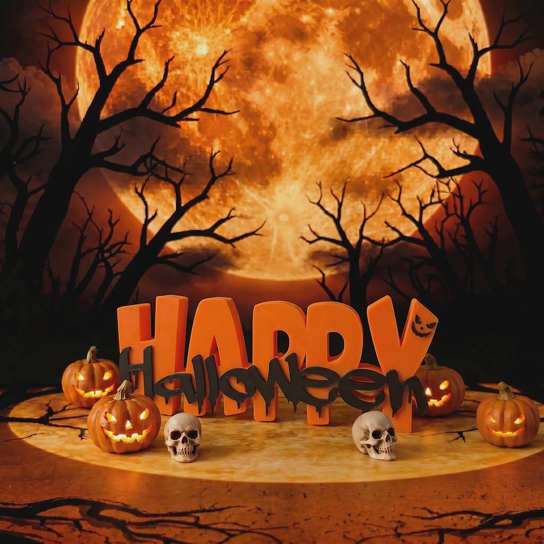 May include: A decorative sign featuring the orange text HAPPY and black text HALLOWEEN, accompanied by four small orange pumpkins with glowing faces and two realistic human skulls, set against a backdrop of a large full moon and dark trees.