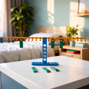 May include: A blue, yellow, and green balance toy sits on a white surface. The toy has a blue base, a yellow horizontal bar, and green hanging weights. Three additional green weights are on the surface. The background includes a bed and a plant.