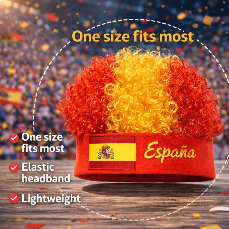 Peut inclure: Perruque boucl&eacute;e rouge, jaune et orange avec un bandeau rouge. Le bandeau affiche le drapeau espagnol et le mot "Espa&ntilde;a". Le texte "Taille unique", "Bandeau &eacute;lastique" et "L&eacute;ger" sont &eacute;galement visibles.
