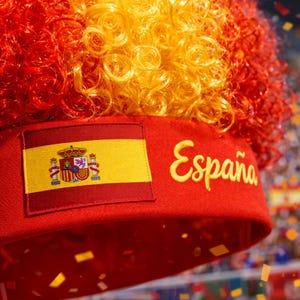 Peut inclure: Un bandeau rouge orn&eacute; du drapeau espagnol et du mot "Espa&ntilde;a" brod&eacute; en jaune. Le bandeau est associ&eacute; &agrave; une perruque boucl&eacute;e aux couleurs du drapeau espagnol : rouge et jaune.