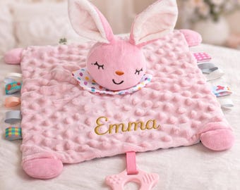 Couverture personnalisée Lovey pour bébé, nom brodé personnalisé, Minky Dot, couverture de sécurité sensorielle, cadeau de shower de bébé, lapin éléphant, dinosaure