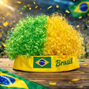 Peut inclure: Perruque fantaisie aux couleurs du drapeau br&eacute;silien, vert et jaune, avec un bord jaune. Le bord porte le mot "Brasil" et le drapeau br&eacute;silien. Des confettis sont &eacute;parpill&eacute;s autour de la perruque.