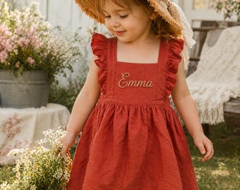 Personalized Toddler Girl Dress, Custom Embroidered Name Dress, Linen Ruffle Dress, Baby Girl Summer Outfit, Birthday Gift