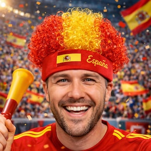 Peut inclure: Un homme porte un bandeau rouge avec le drapeau espagnol et le mot "Espa&ntilde;a", ainsi qu'une perruque boucl&eacute;e aux couleurs du drapeau espagnol. Il tient une corne jaune et rouge. L'arri&egrave;re-plan montre un stade avec des drapeaux espagnols.