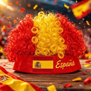 Peut inclure: Perruque boucl&eacute;e rouge et jaune, aux couleurs du drapeau espagnol, pos&eacute;e sur un chapeau rouge. Le chapeau porte le drapeau espagnol et le mot "Espa&ntilde;a" en or. Confettis en arri&egrave;re-plan.
