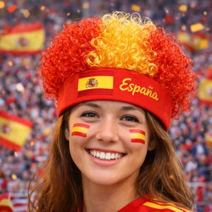 Peut inclure: Une personne souriante porte un bandeau rouge avec le drapeau espagnol et le mot "Espa&ntilde;a" en jaune. Ils ont &eacute;galement le drapeau espagnol peint sur leurs joues et une perruque boucl&eacute;e rouge, orange et jaune.