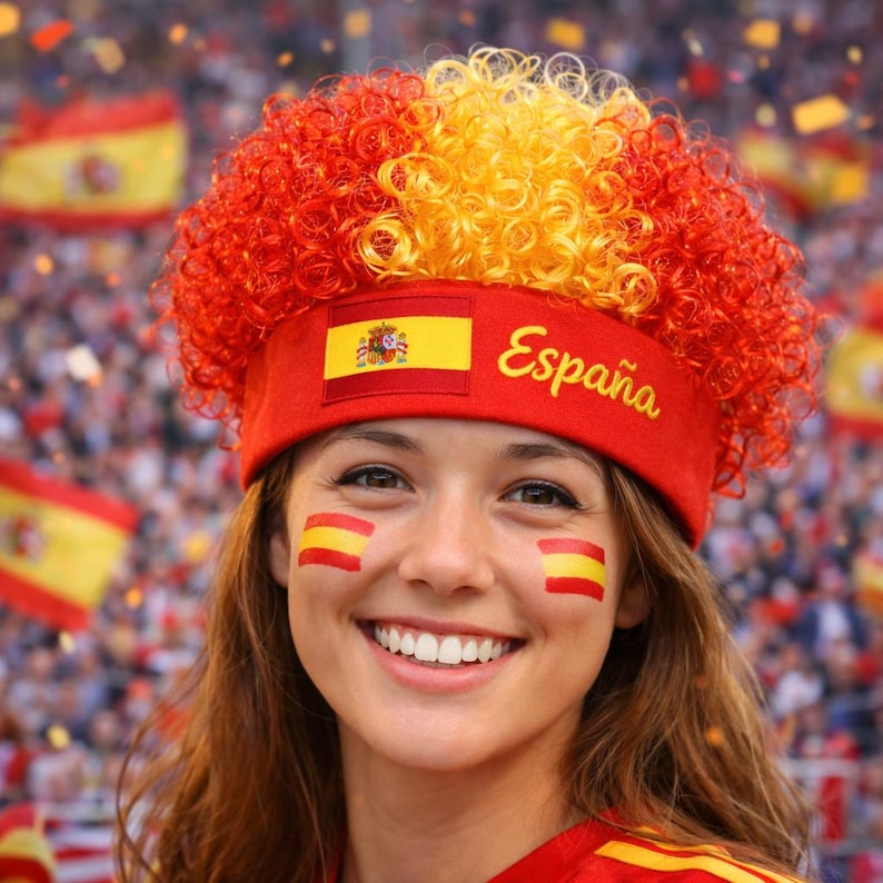 Peut inclure: Une personne souriante porte un bandeau rouge avec le drapeau espagnol et le mot "Espa&ntilde;a" en jaune. Ils ont &eacute;galement le drapeau espagnol peint sur leurs joues et une perruque boucl&eacute;e rouge, orange et jaune.