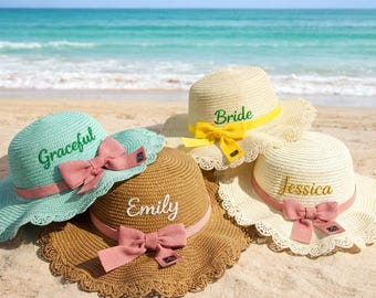 Chapeau de plage en paille personnalisé, Chapeau de soleil personnalisé, Chapeau souple d'été pour enfants et femmes, Chapeau de plage pour filles, Chapeau de soleil pour vacances, Chapeau de plage pour mariage