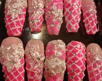 Verstrickter Neon Lilie & Perlen Quilt | ** Luxuriöse handbemalte 3D-Builder-Gel-Aufpressen **