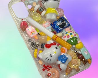 Snack Cigarette Kawaii Hello Kitty iPhone 16 Plus Junk Charm Phone Case | Cute 3D Decoden Foodie Phone Case | Y2K Pastel Bling Phone Cover