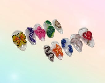 Sculpted Butterfly Garden Press On Nails | Mismatched Floral Clay Nail Art | 3D Fairycore Fake Nails | Funky Colorful Nail Set
