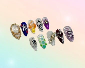 Hand Painted Abstract Press On Nails | Y2K Streetwear Jelly Nail Art | Whimsical Handmade Fake Nails | Sculptural Nail Set