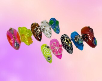 Maximalist 3D Press On Nails | Neon Jelly Charm Nail Art | MixnMatch Y2K Fake Nails | Funky Colorful Nail Set