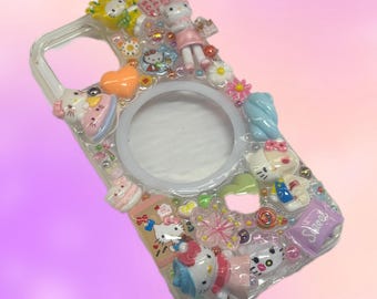 Pastel Kawaii Cat Decoden Magsafe iPhone 15 Pro, 16 Pro, 16 Phone Case | Cute 3D Junk Charm Phone Case | Coquette Bow Bling Phone Cover