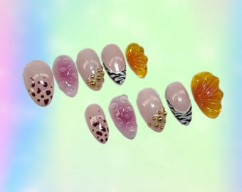 Nude Clean Girl Press On Nails | Gold Rhinestone Nail Art | Amber Animal Print Fake Nails | Handmade Y2K Nail Set