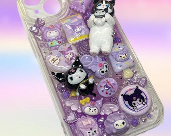 Purple Kuromi iPhone 13, 14, 15 Junk Charm Phone Case | Cute 3D Decoden Goth Bunny Phone Case | Y2K Pastel Bling Phone Cover