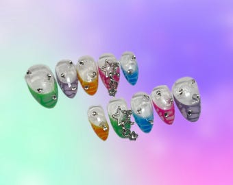 Rainbow French Tip Press On Nails | Star Charm Rhinestone Nail Art | Kawaii Y2K Fake Nails | Colorful French Nail Set