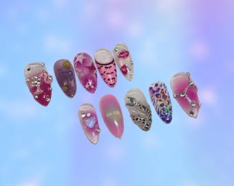 Pink Freestyle Press On Nails | Girly Y2K Abstract Nail Art | 3D Rhinestone Fake Nails | Handmade Fairycore Nail Set