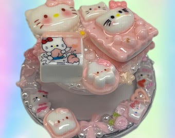 Pink Kawaii Cat Dessert Pop Grip | Pastel Decoden 3D Charm Junk Accessory | Cute Handmade Coquette Bling Phone Stand