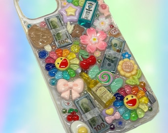 Rainbow Flower iPhone 13, 14, 15 Junk Charm Phone Case | Cute 3D Money Bling Phone Case | Y2K Pop Art Murakami Phone Cover