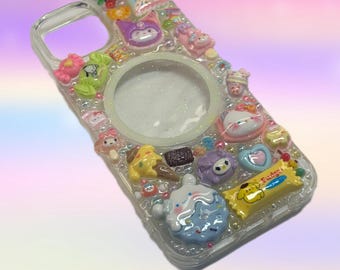 Pastel Kawaii Character Decoden Magsafe iPhone 13, 14, 15 Phone Case | Cute Clear 3D Sanrio Charm Phone Case | Y2K Bling Phone Cover