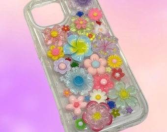 Pastel Flower Decoden iPhone 13, 14, 15 Junk Charm Phone Case | Cute 3D Floral Phone Case | Coquette Garden Aesthetic Phone Cover