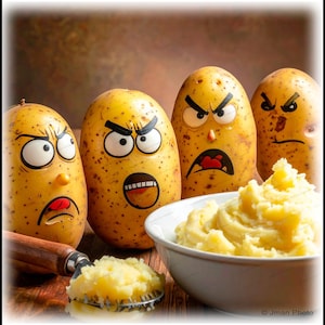 May include: Four yellow potatoes with angry faces drawn on them stand in front of a bowl of mashed potatoes. A spoon with mashed potatoes is in front of the bowl. The potatoes have different expressions.