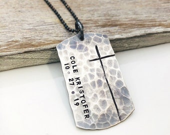 Men's Cross Necklace - Confirmation Gift - Godfather Gift - Sterling Silver Dog Tag Necklace - Cross Jewelry