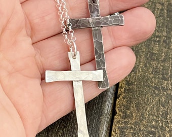 Men's Sterling Silver Handmade Rugged Cross Necklace, Confirmation or Baptism Gift for Him, Grandson Godfather
