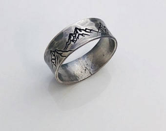 Mountain Ring for Him - Wide Silver Ring - Men's Ring - Silver Anniversary Gift - Outdoor Jewelry - 25th Wedding Anniversary